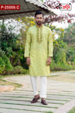 Luxury Women's Half Silk Saree And Imported Fabric Embroidered Cotton Panjabi for Couples - Image 3