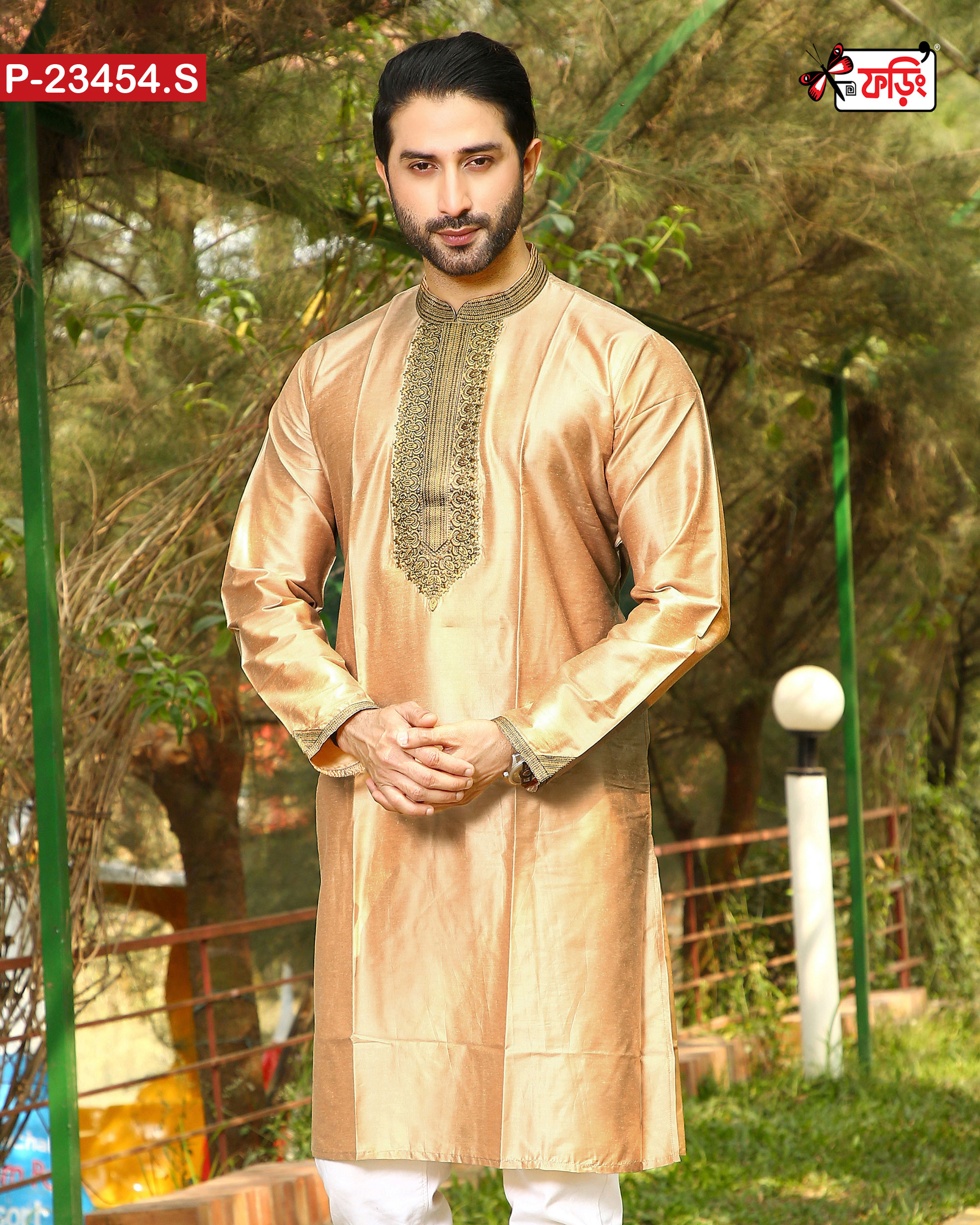 WEB-P-23454-S-2355-TK-WEB Elegant Men’s Artistic Embroidered Design Imported Silk Men’s Panjabi - Image 1