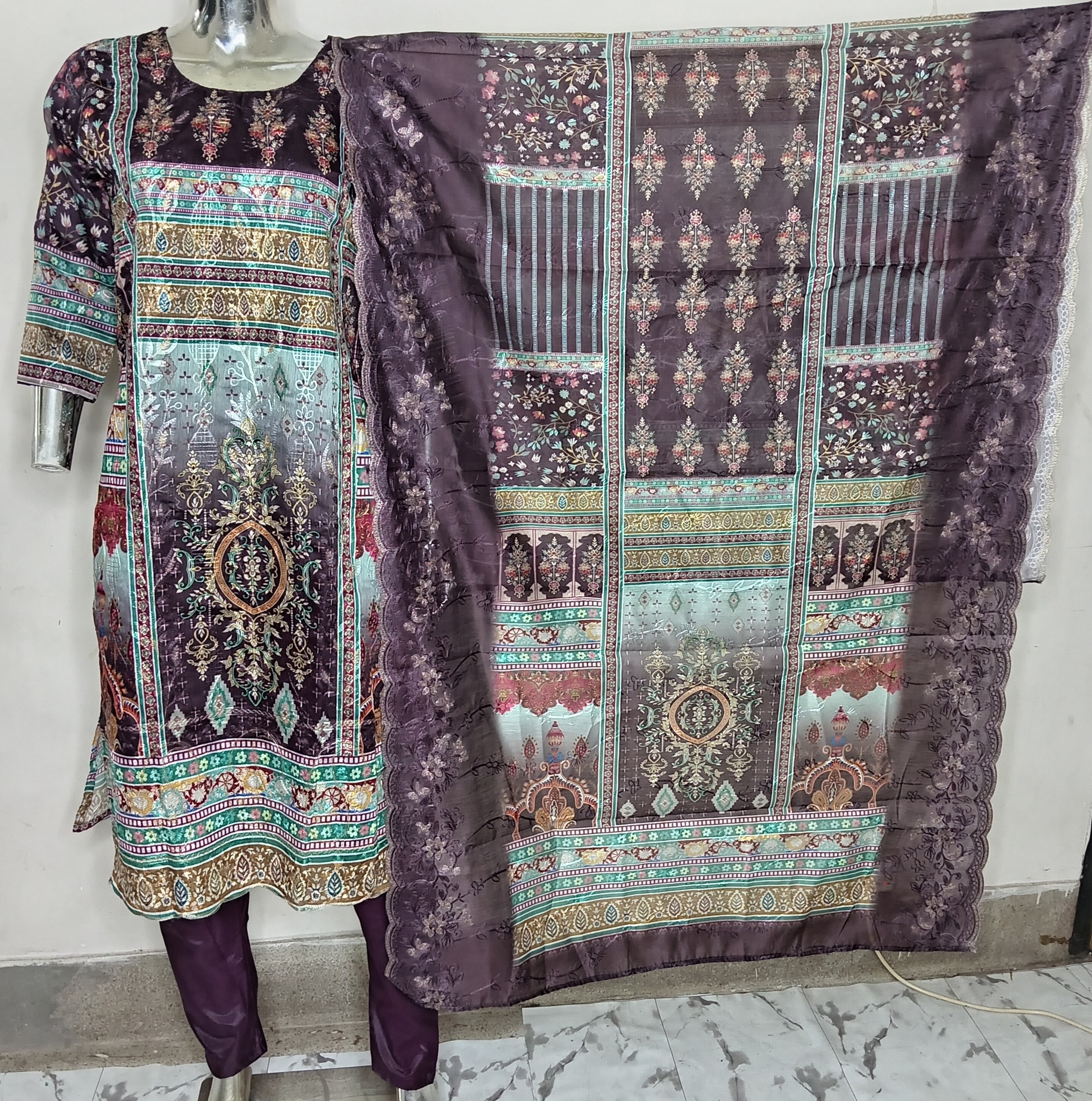 UN-3017-B Imported Gujrati Silk Aari Designer, Stone worked, Screen Printed Premium Unstitched Shalwar Kameez for Women – Luxury 3-Piece Suit | Foring Collection - Image 2