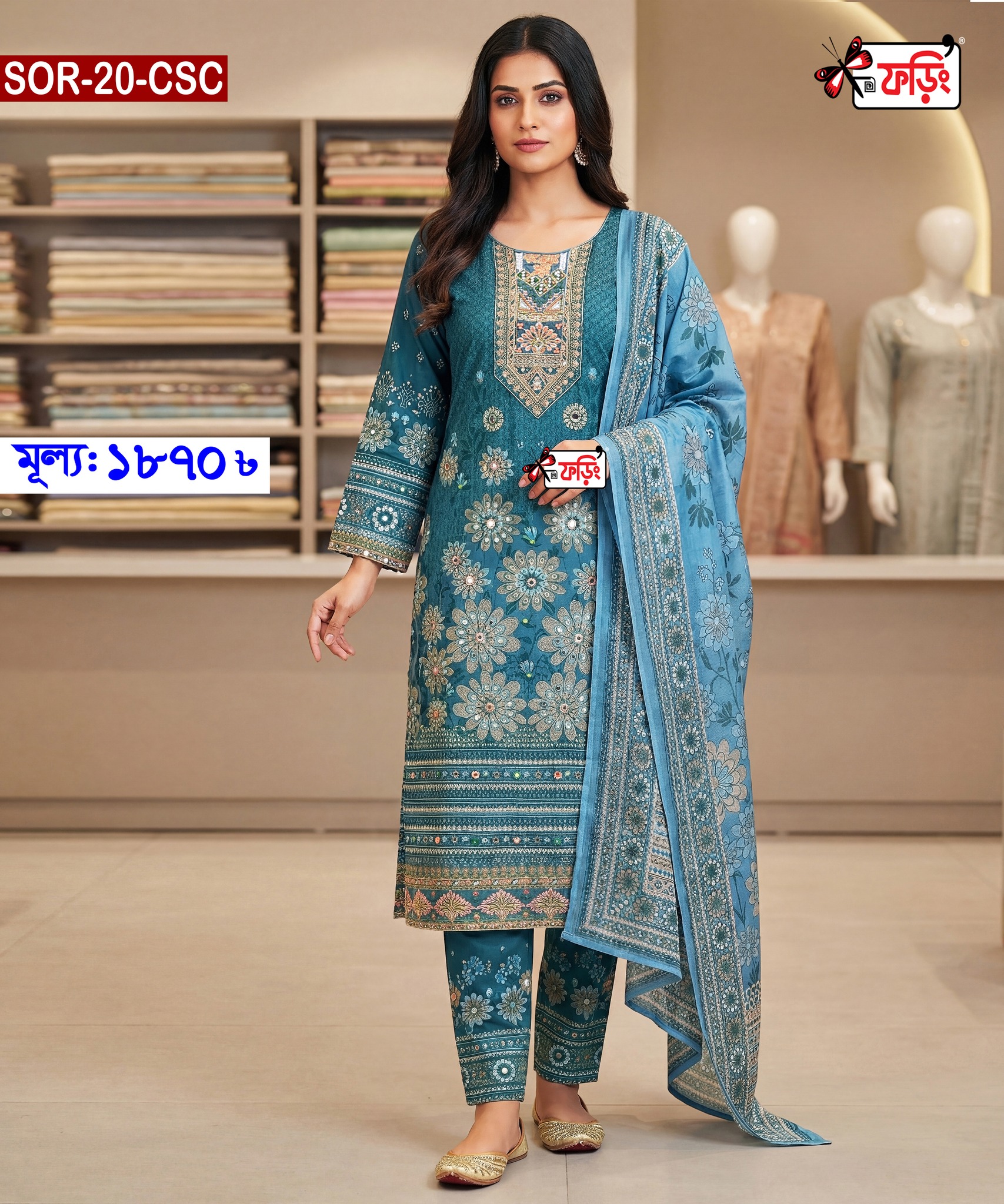 SOR-20-CSC-WEB-1870 TK-A এমব্রয়ডারি ও স্ক্রিন প্রিন্টের কাজ করা কটন থ্রি-পিস – Foring Collection - Image 1