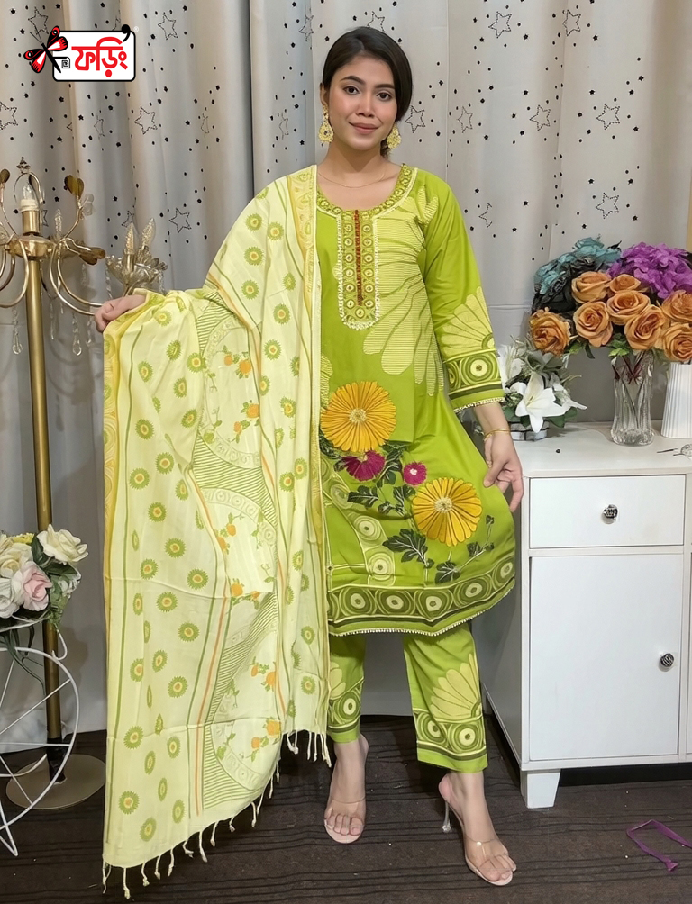foring-cotton-dress এমব্রয়ডারি ও স্ক্রিন প্রিন্টের কাজ করা প্রিমিয়াম কটন রেডি থ্রি-পিস । ওড়না ও সালোয়ার স্ক্রিন প্রিন্টের কাজ । - Image 1