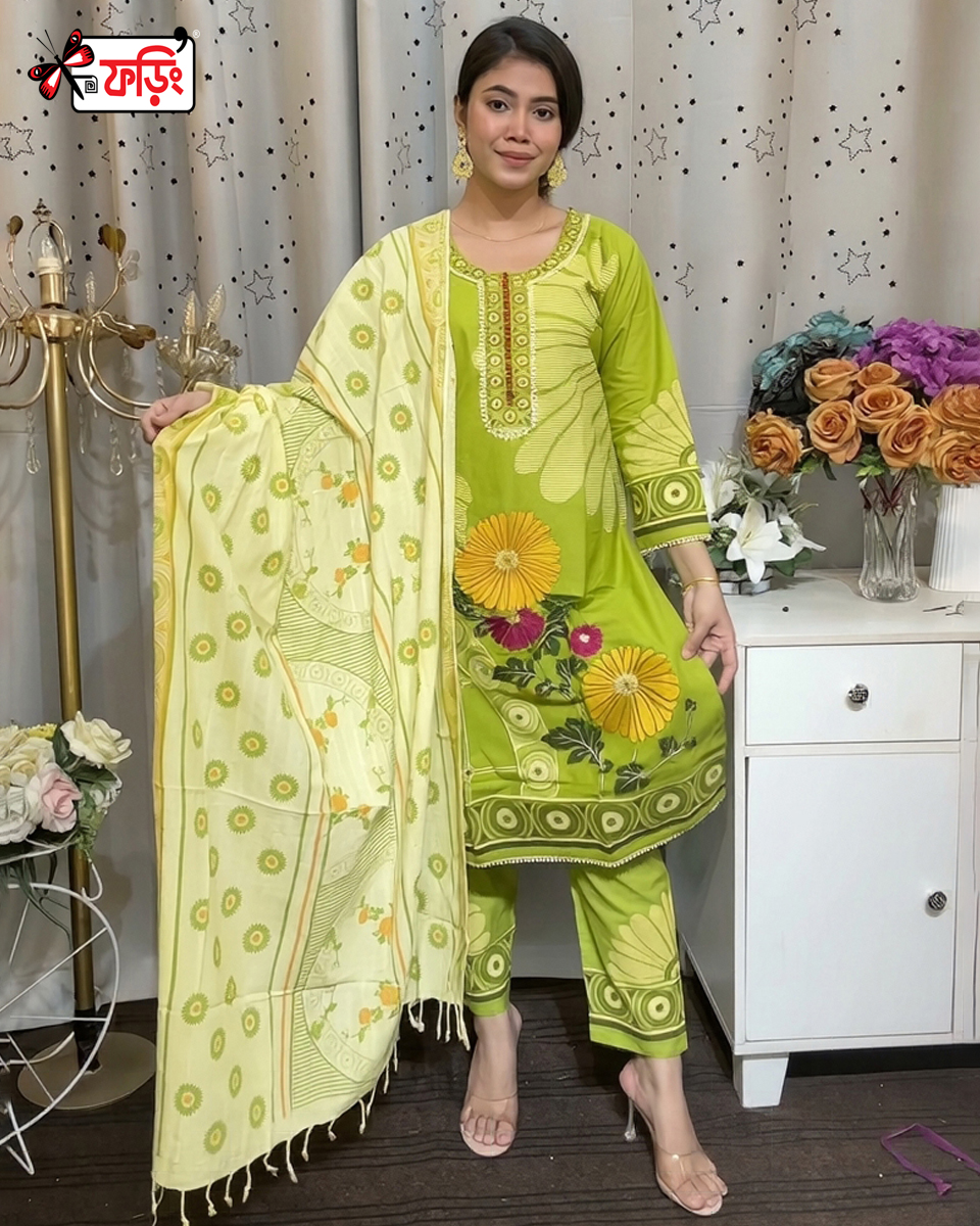 pass-1-A এমব্রয়ডারি ও স্ক্রিন প্রিন্টের কাজ করা পিউর কটন রেডি থ্রি-পিস । ওড়না ও সালোয়ার স্ক্রিন প্রিন্টের কাজ । - Image 1
