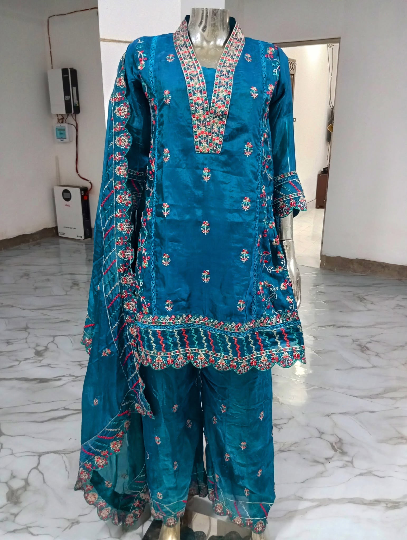 17525-S3-3700-C Aesthetic Embroidered Design Sea Green Silk Shalwar kameez. - Image 2