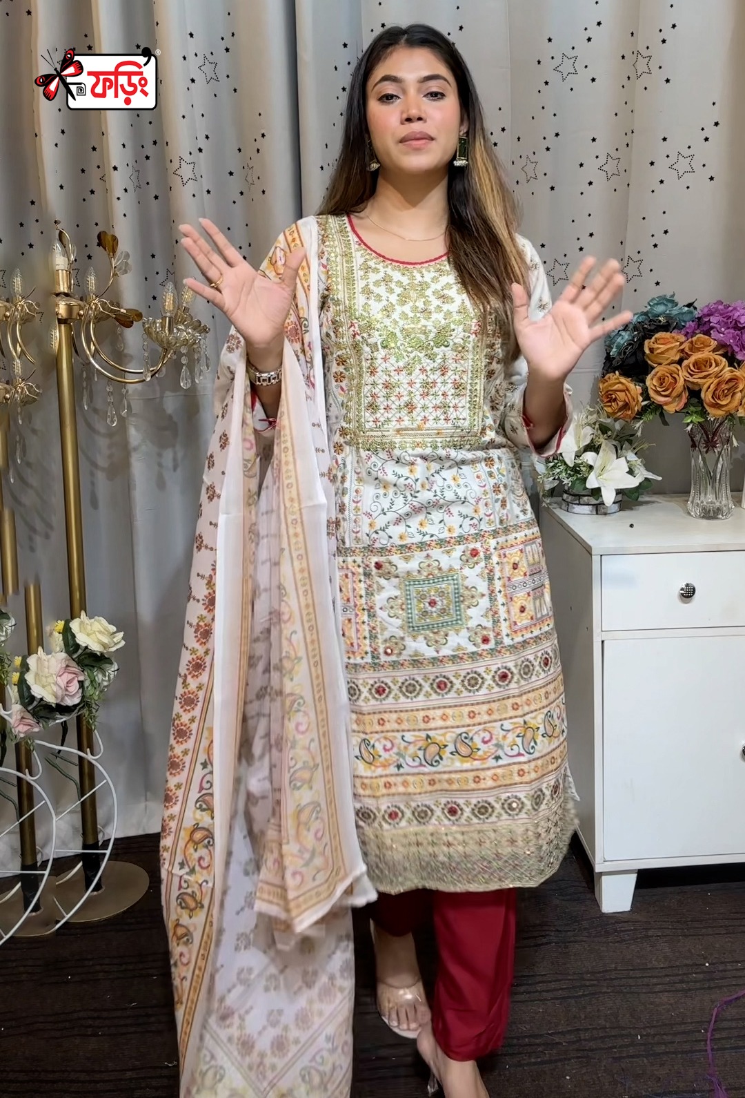 REAL WEAR কটন রেডি থ্রি-পিস – কামিজ এমব্রয়ডারি – কারচুপি ও স্ক্রিন প্রিন্টের কাজ করা । ওড়না ও সালোয়ার স্ক্রিন প্রিন্টের কাজ । - Image 2