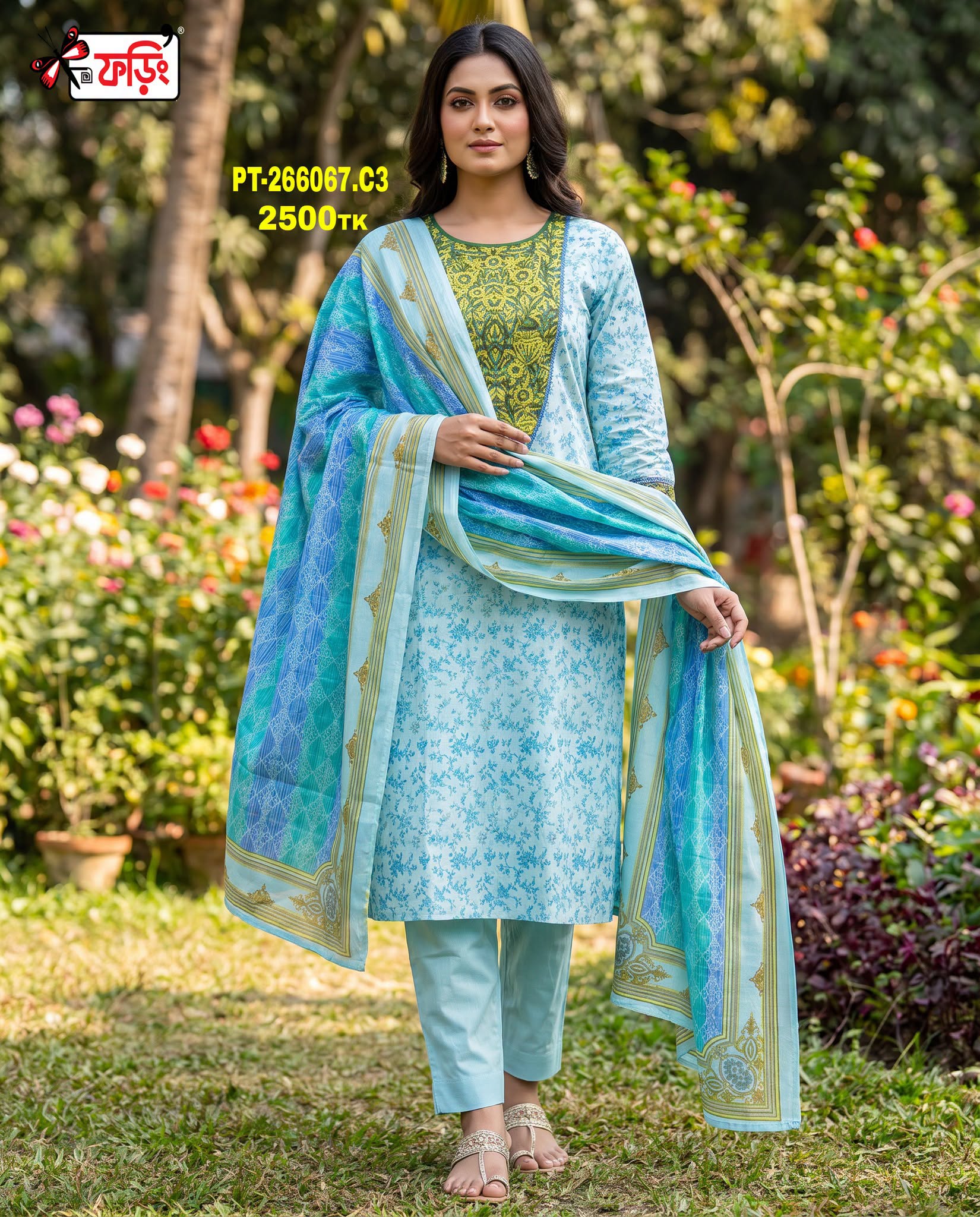 PT-266067-C3-2500 TK (2) রেডি পিউর কটন থ্রি-পিস – ডিজিটাল প্রিন্টেড কটন কামিজে এমব্রয়ডারি কাজ করা । ওড়না ডিজিটাল প্রিন্টেড। - Image 1