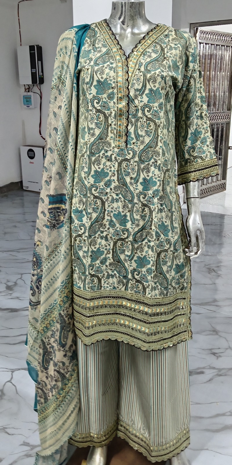 SHO-CGS-3000TK-BARCODE-266064-C রেডি কটন থ্রি-পিস – ডিজিটাল প্রিন্টেড কটন কামিজে এমব্রয়ডারি ও সিকোয়েন্স কাজ করা । ওড়না ডিজিটাল প্রিন্টেড । কটন সিল্ক মিক্সড প্লাজো - Image 4