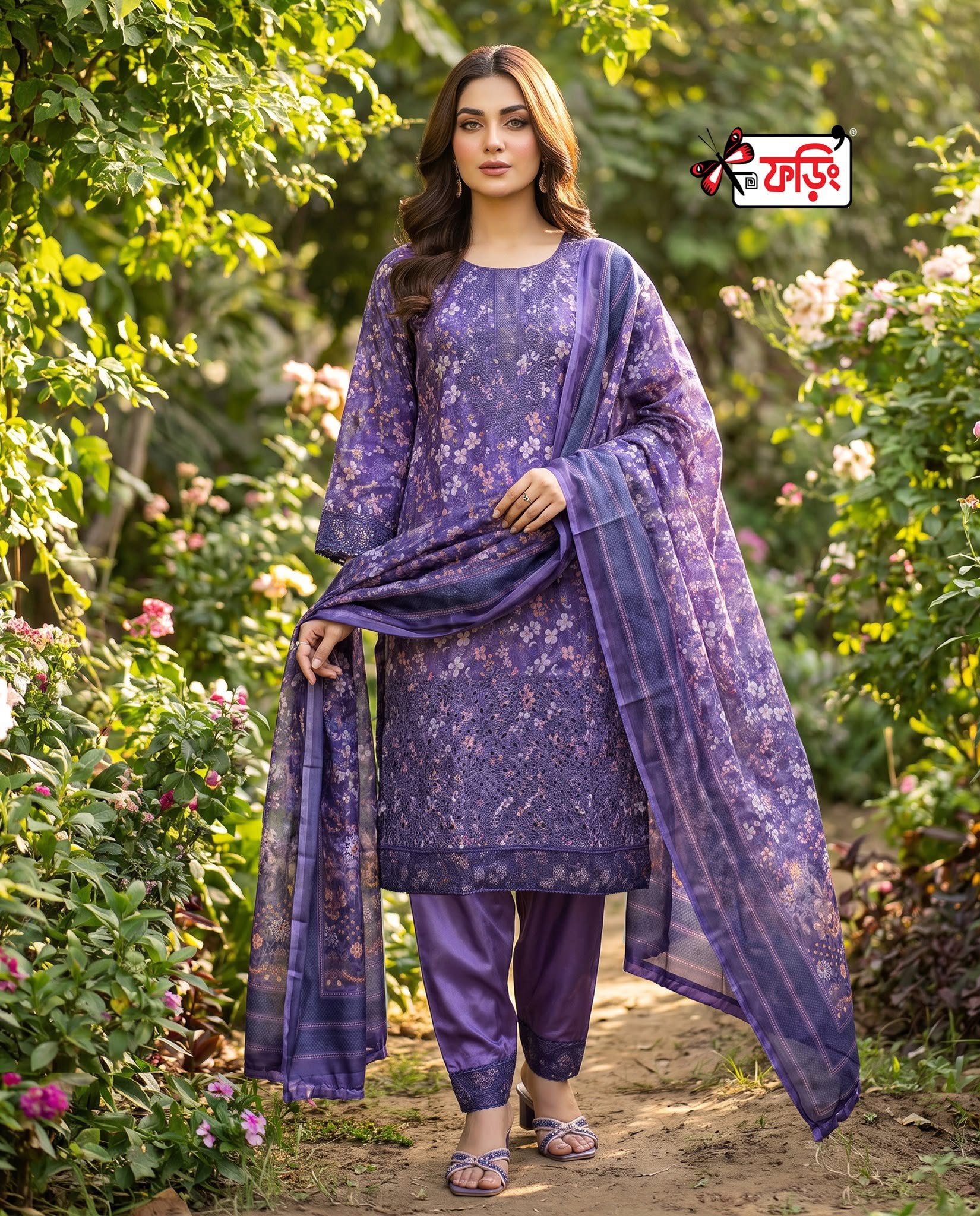 foring-premium-dress-266683-A প্রিমিয়াম সিল্ক রেডি ড্রেস—সিল্ক কামিজে এমব্রয়ডারি কাজ করা। ডিজিটাল প্রিন্টেড সিল্ক ওড়না ও সিল্ক প্যান্ট - Image 1