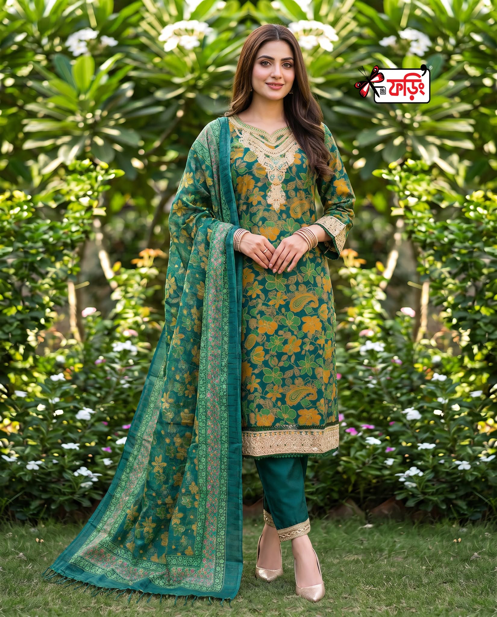 foring-premium-dress-266684-bottol greeN রেডি কটন ড্রেস- পিউর কটন কামিজে এমব্রয়ডারি কাজ করা। ডিজিটাল প্রিন্টেড সিল্ক ওড়না ও কটন মিক্সড প্যান্ট । - Image 1